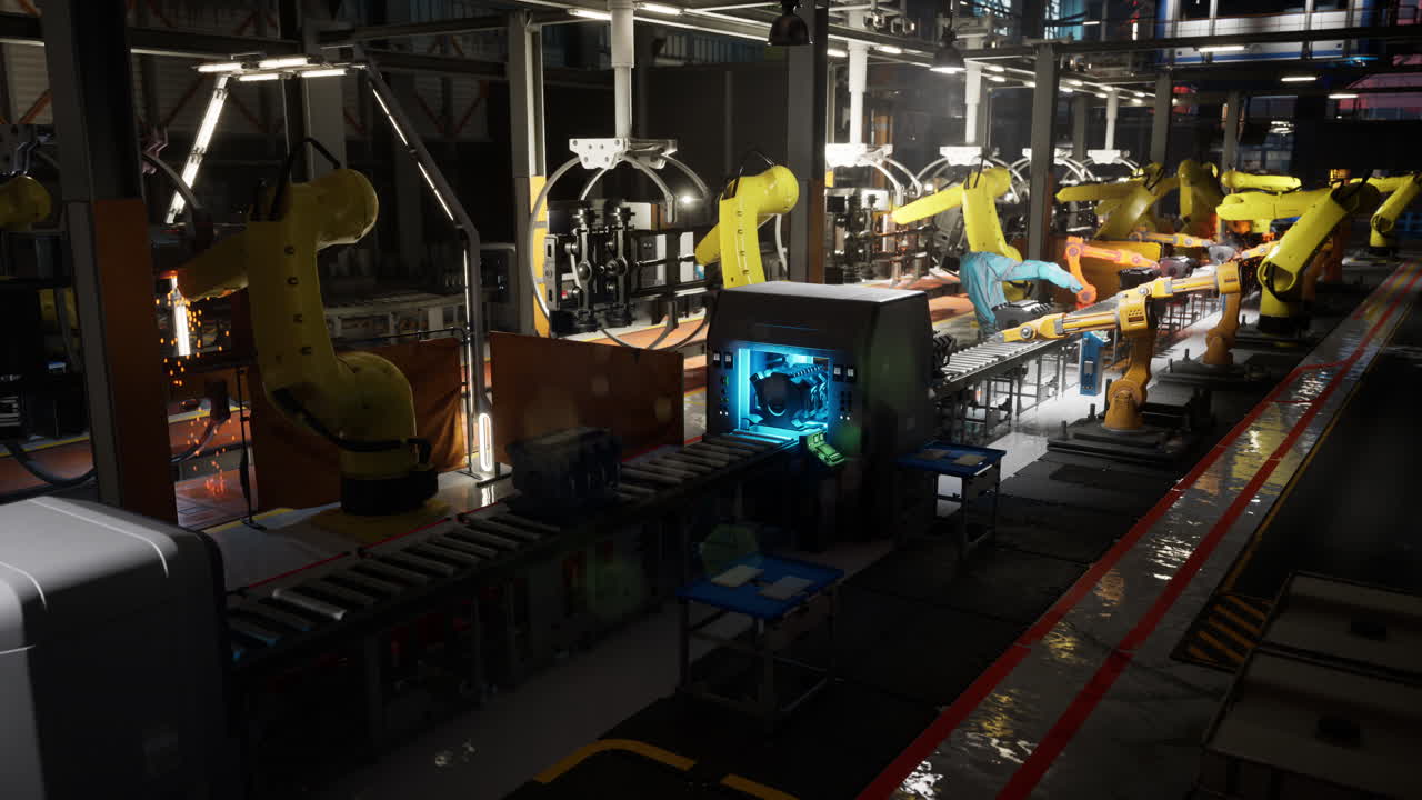 Automated conveyor belt with robotic arms in a busy manufacturing facility