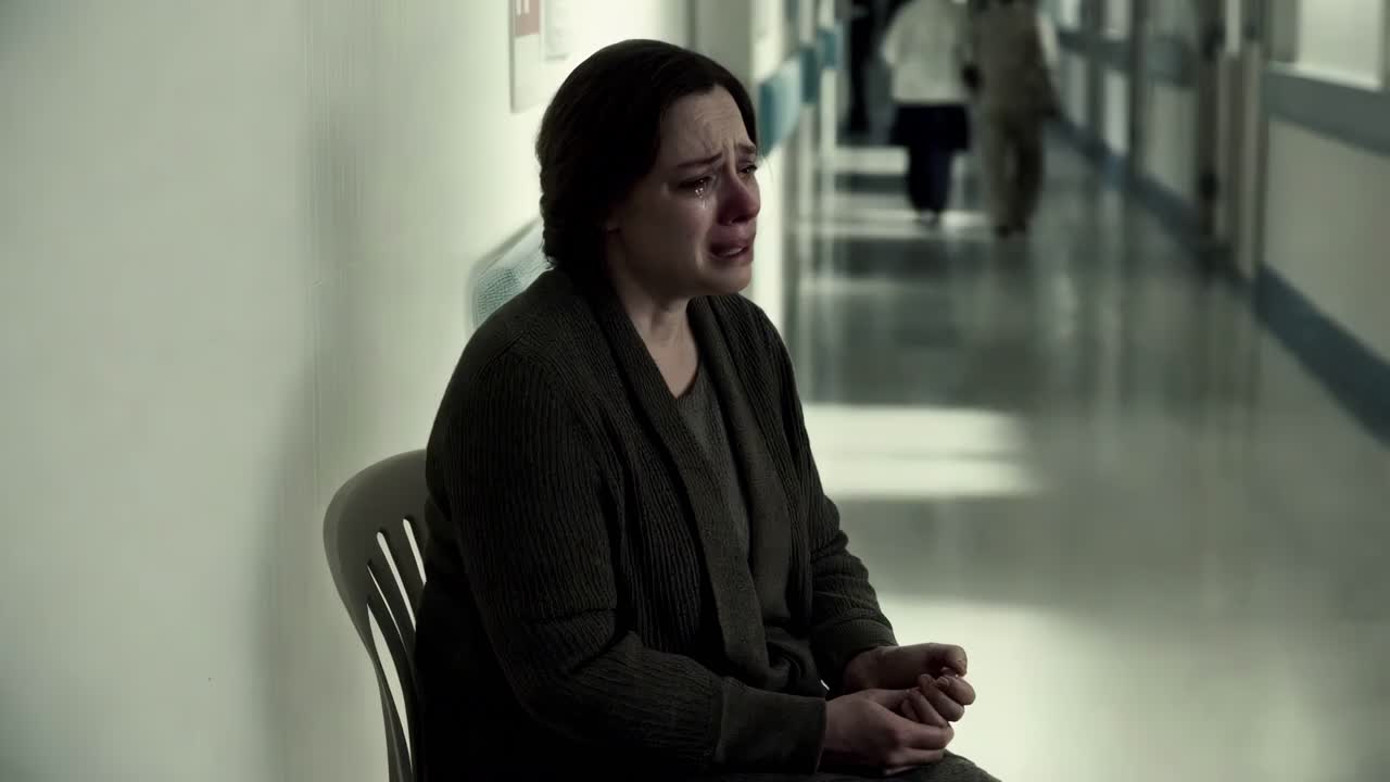 mujer llorando en el pasillo del hospital