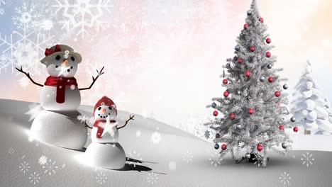 Animation-of-snow-falling-over-christmas-tree-and-snowmen-seen-through-window