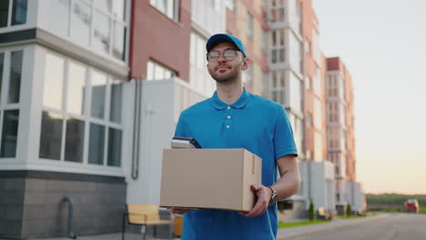 Junger-Zusteller-Mit-Brille-Und-Handschuhen,-Der-Einen-Kasten-Hält,-Benutzt-Telefon,-Geht-Auf-Der-Straße,-Quarantäne,-Einkaufspaket-Im-Freien,-Pandemie,-Postbote,-Selbstisolation,-Zeitlupe