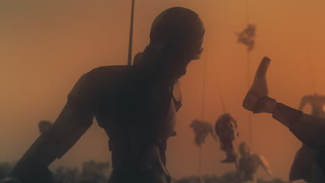 destroyed andorids on a junkyard in yellow light