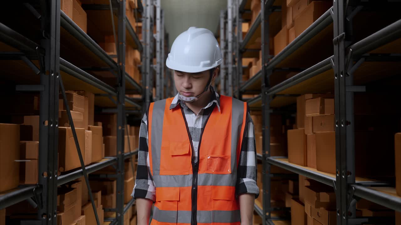 ingeniero masculino asiático con casco de seguridad que tiene dolor de cabeza mientras está de pie en el almacén con estantes llenos de mercancías de entrega