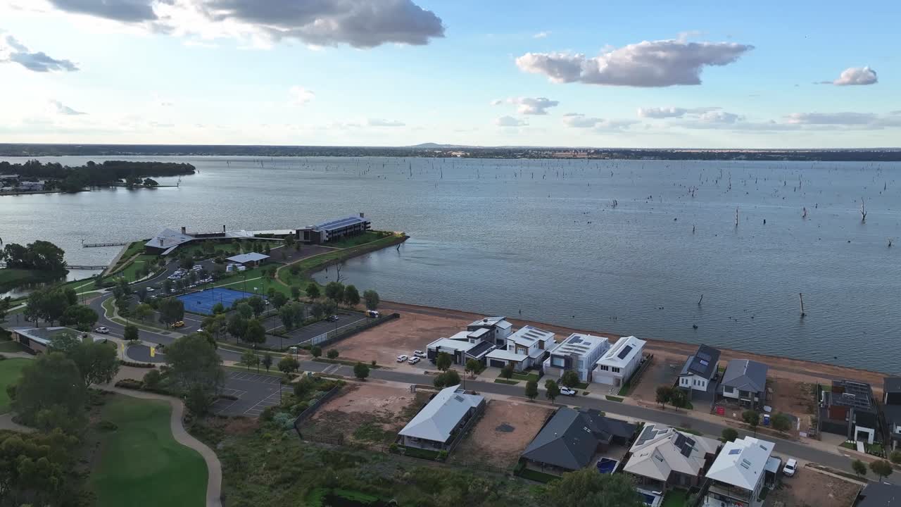 Aerial of the Sebel Hotel Yarrawonga and tennis courts with Lake Mulwala in the background
