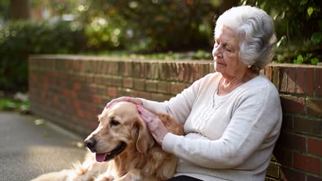 an intimate moment: a golden retriever comforts an elderly woman seated in a lush garden setting, showcasing the bond between pets and their owners