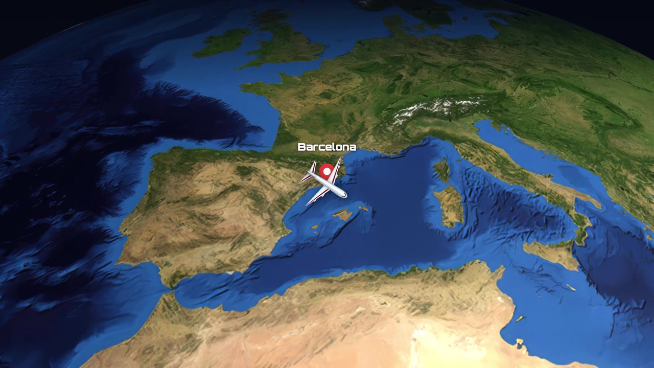 Animasjon fra satellittperspektiv følger et passasjerfly som flyr fra Los Angeles til Barcelona over jorden.