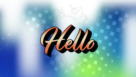 animation of hello text and shapes on blue background