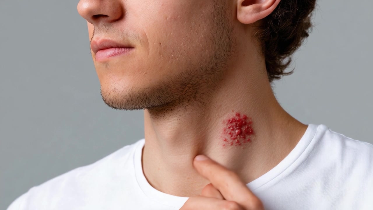 A Close-up Observation of Skin Irritation on the Neck, Highlighting Symptoms of Possible Dermatological Condition, Notable for Its Texture and Color Variation