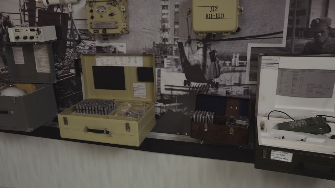 Radiation Monitor And Tools Used In Underground Bunker Display At Chernobyl Nuclear Power Plant. - pan shot