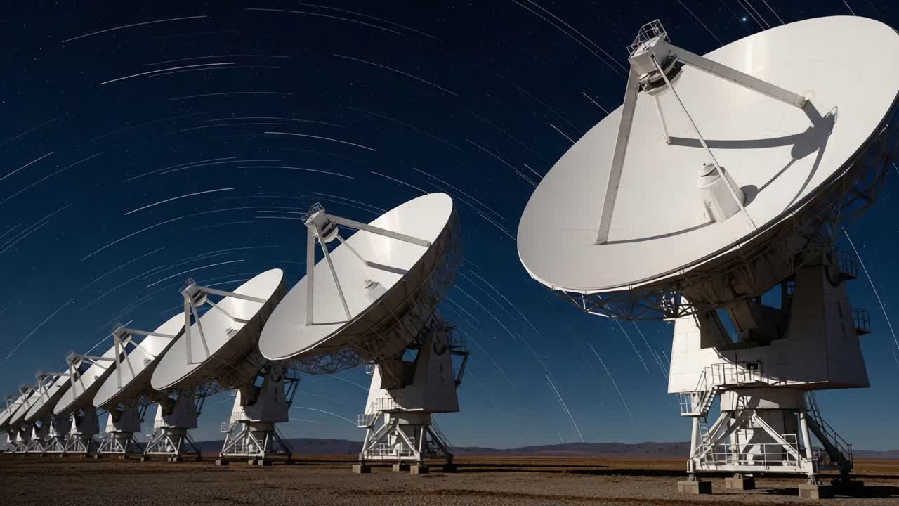 Captivating Nighttime Display of Satellite Dishes Capturing Celestial Movement with Fascinating Star Trails in a Clear Sky