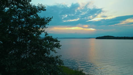 dark tree on a lakeshore in southern finland, camera flying past tree and revealing a landscape view with setting sun reflecting on the water and forest covering the lakeshore