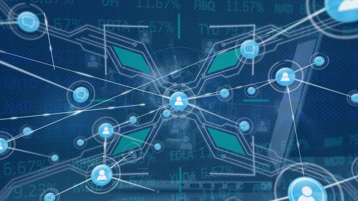 Animation of network of connections with digital icons scope, laptop and data processing