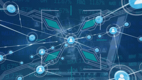 Animation-of-network-of-connections-with-digital-icons-scope,-laptop-and-data-processing