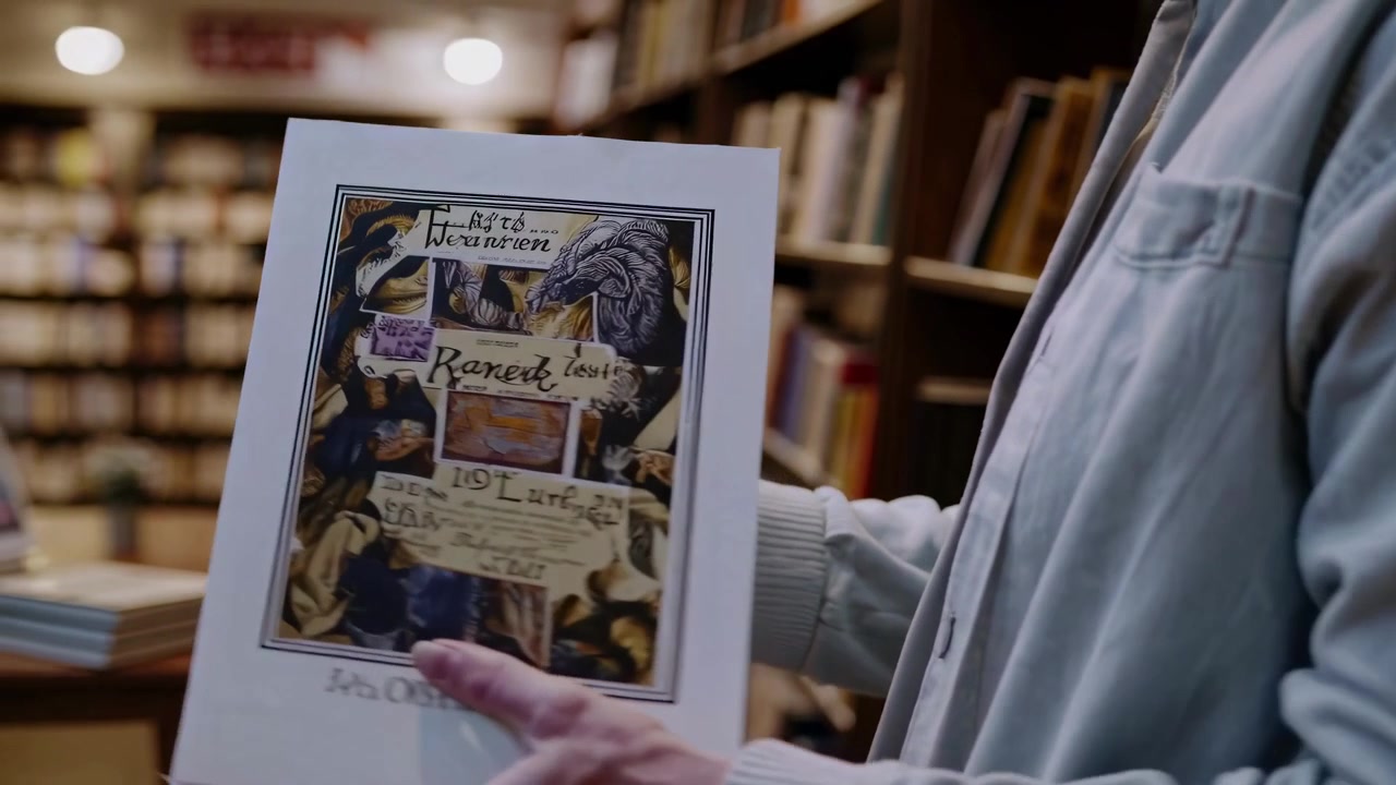 Pessoa examinando um livro de arte ilustrado em uma livraria
