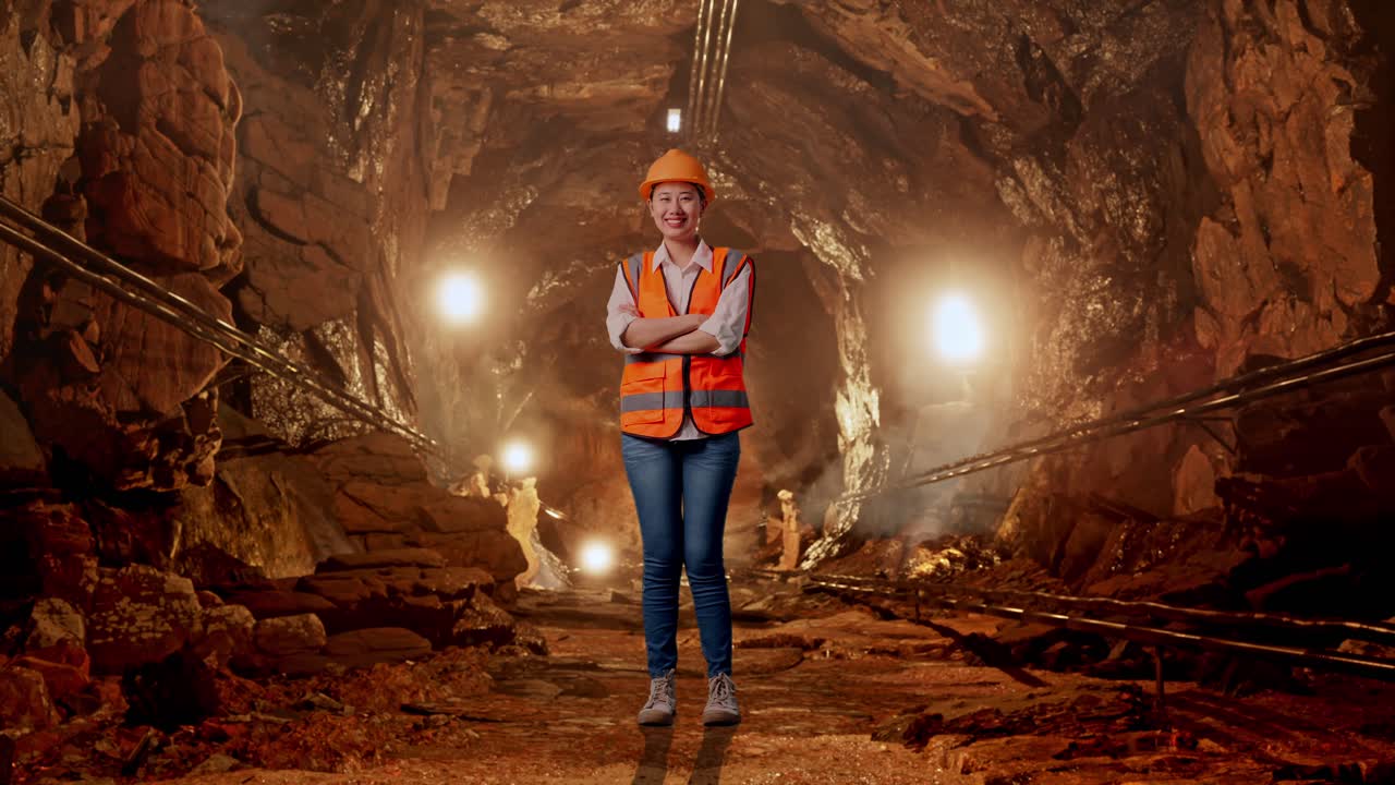 Female Miner in an Underground Tunnel
