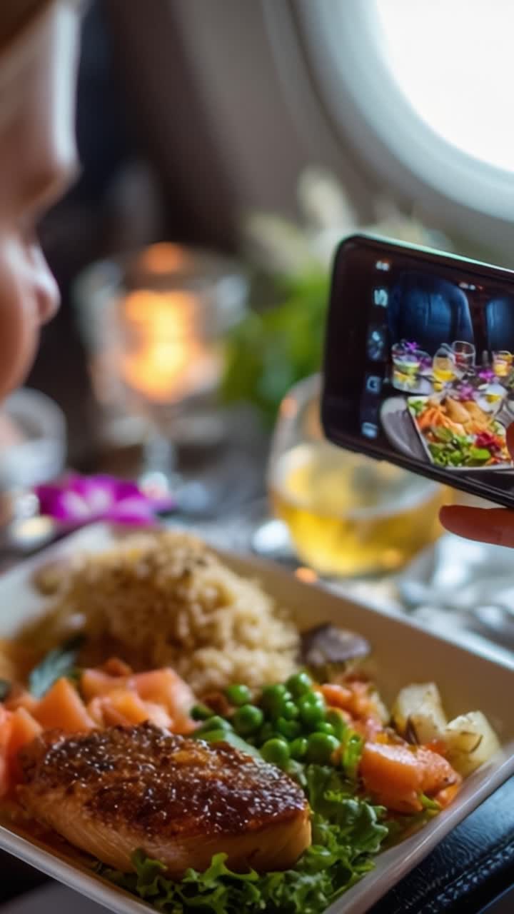 Nydelse af gourmetmiddag i højden: Fanger den dejlige madoplevelse med en smartphone på en luksuriøs flyrejse.