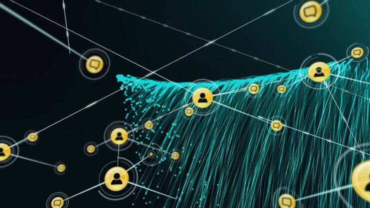 Animation of network of connections with digital icons over green light trails