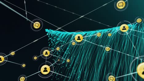 animación de la red de conexiones con iconos digitales sobre senderos de luz verde