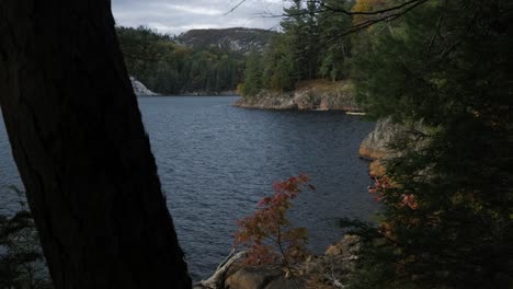 people paddle canoe on blue lake in slow motion, wide handheld view from far shore trees on cloudy fall day in killarney national park wilderness,ontario canada