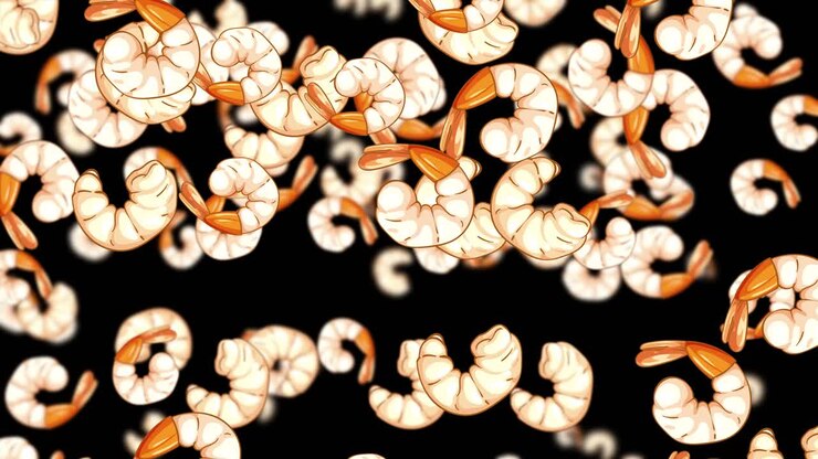 Animazione 3D in loop di gamberetti sgusciati che piovono verso il basso su uno sfondo scuro con profondità di campo ridotta