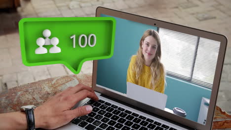 green icon online community and numbers growing over video call.