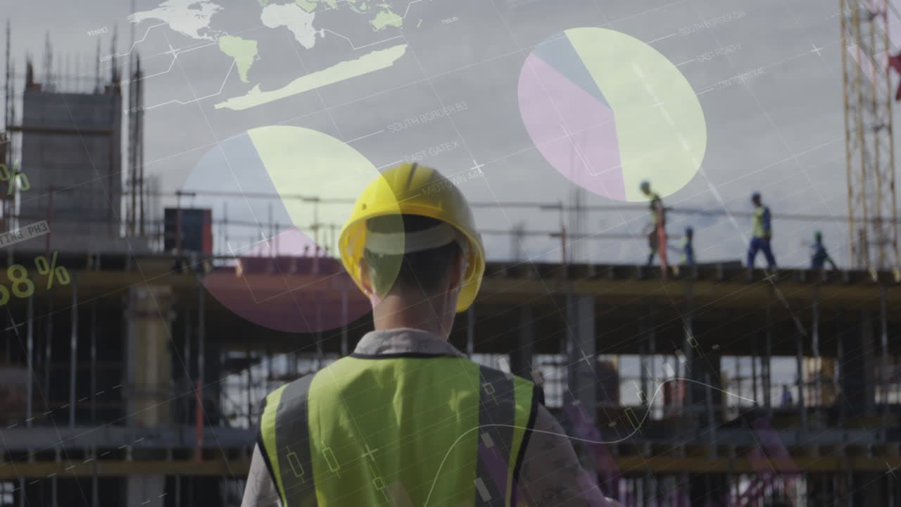 animación del procesamiento de estadísticas sobre arquitectas que mantienen planes en el sitio de construcción