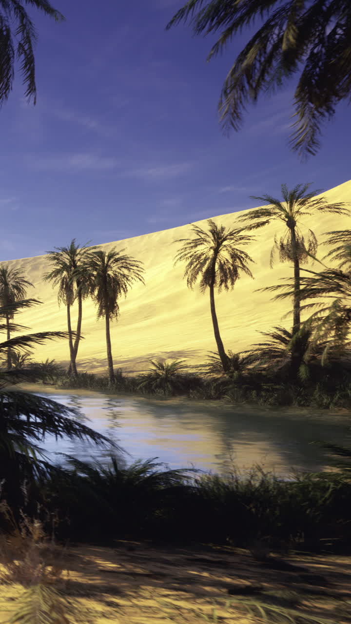 Palme vicino a un fiume con dune di sabbia durante il giorno