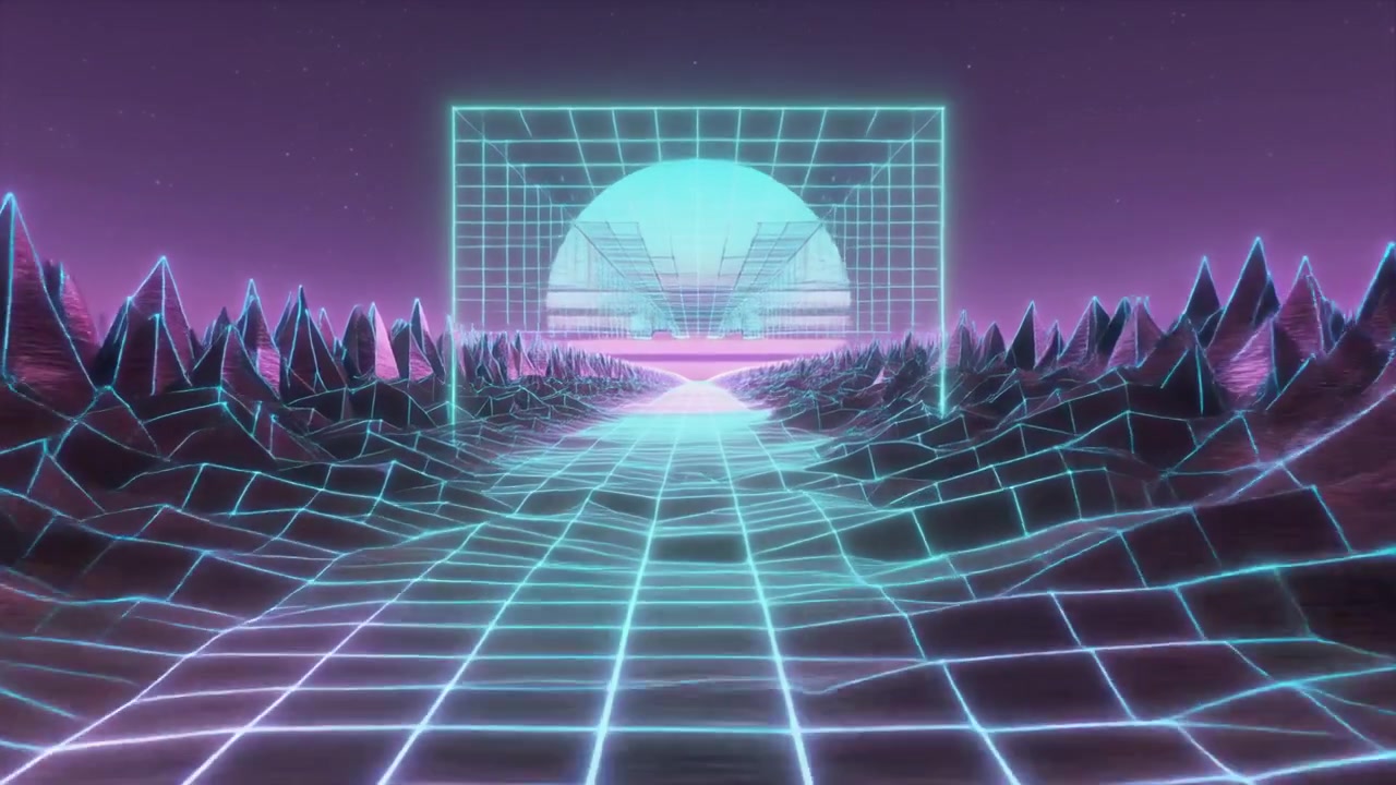 Paesaggio retro synthwave con griglia luminosa e sole