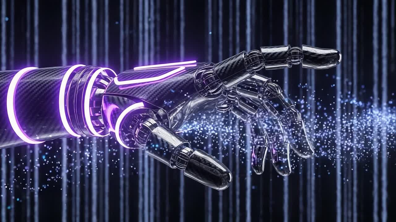 A Futuristic Robotic Hand Reaching Out Amidst a Digital Cosmos, Filled with Sparkling Particles and Neon Elements, Representing Human-Machine Interaction and Technology