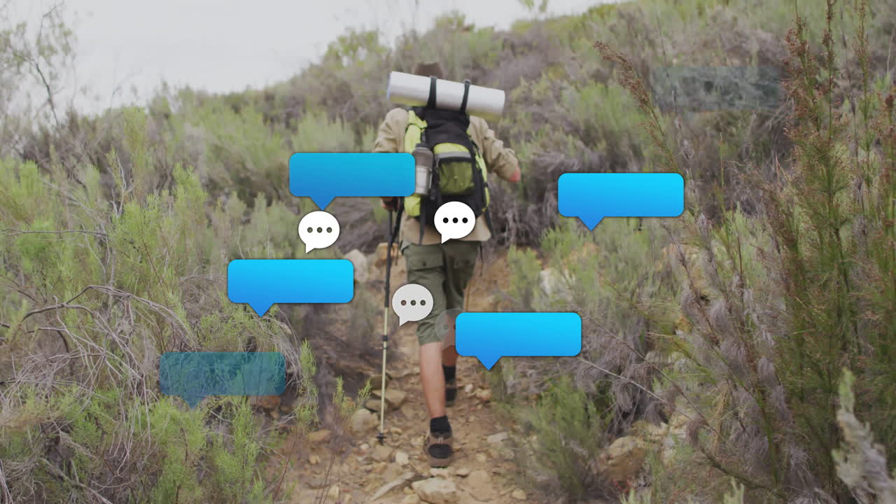 male hiker ascending rocky trail, showing animated elevation graph and fitness app metrics