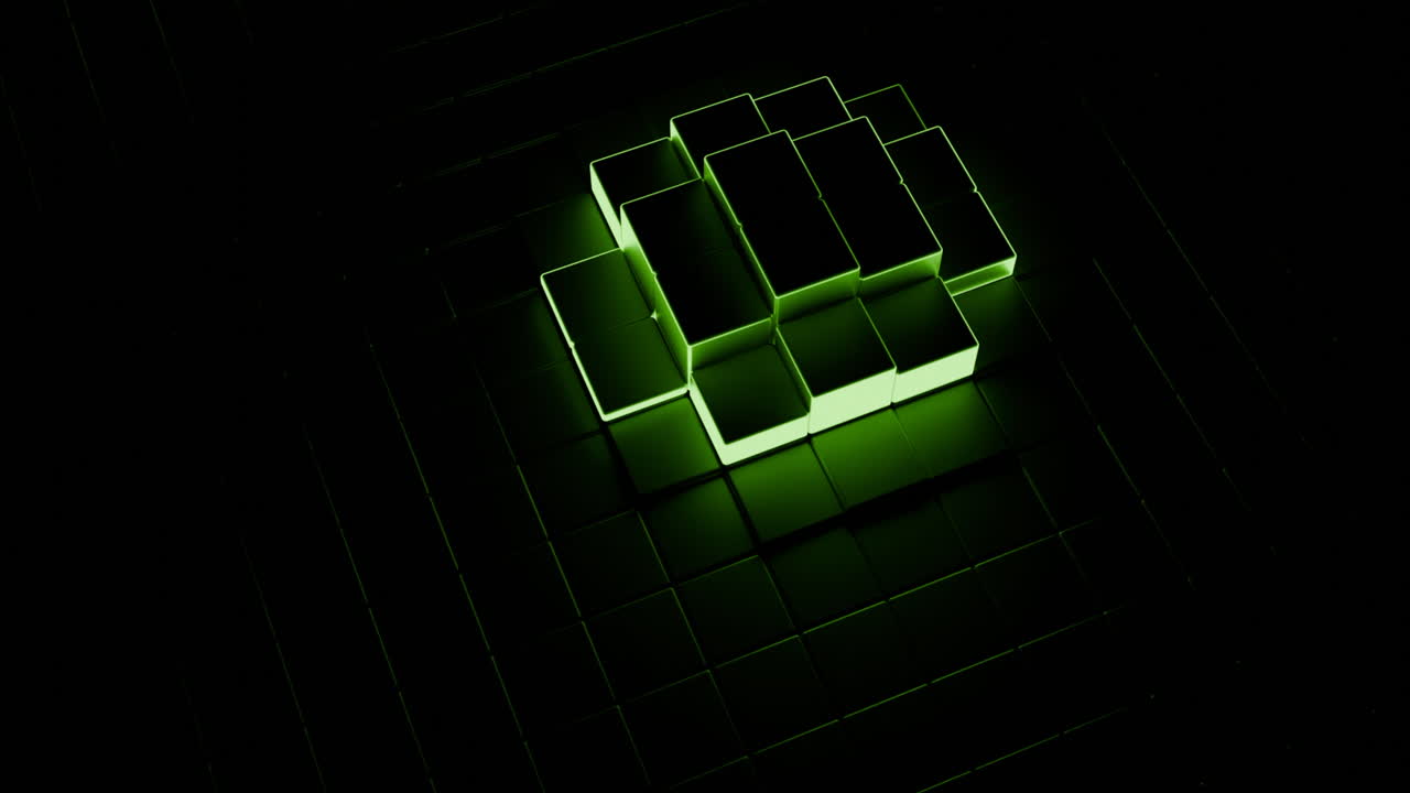 Abstract Glowing Green Cubes on a Dark Grid