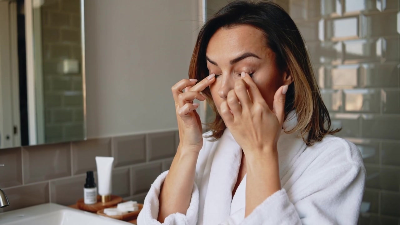 Mulher em roupão branco colocando os dedos e massageando creme para os olhos na pia do banheiro para cuidados com a pele, com o tubo.
