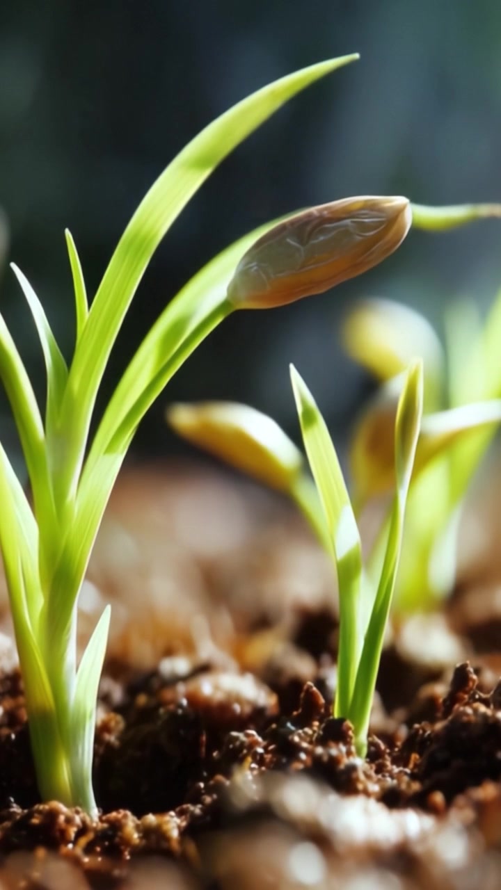 Semi che germogliano in terreno soffice: un primo piano di foglie verdi che emergono dalla terra, catturando la bellezza della crescita e del rinnovamento della natura in immagini time-lapse.