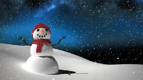 animation of snow falling over smiling snowman in winter scenery