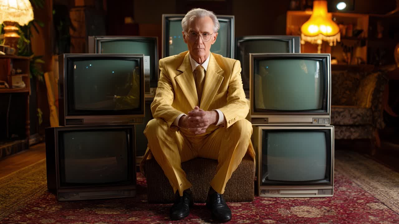 Un uomo in abito giallo siede sereno tra televisori vintage, catturando il contrasto tra modernità e nostalgia in una composizione artistica unica.