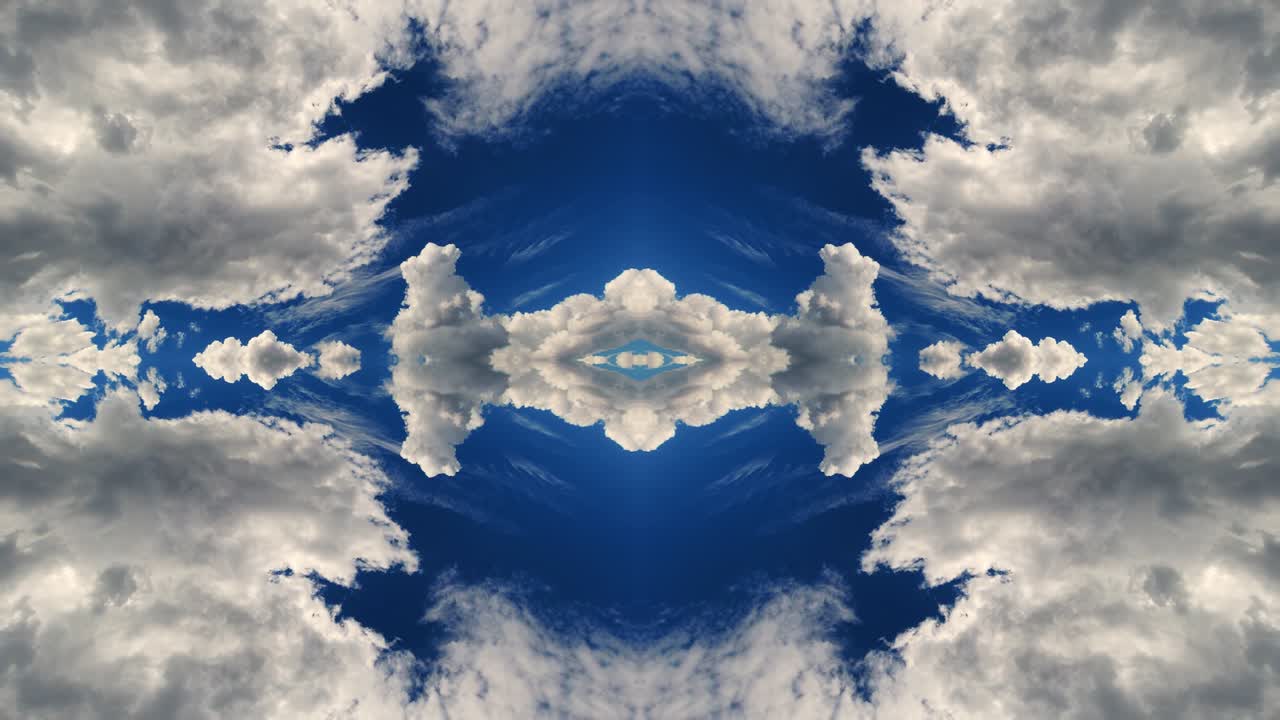 4k time lapse video of daramatic sky with moving clouds and reflection mirror effect as in a kaleidoscope. Beautiful fractal pattern of dramatic sky with changing weather.