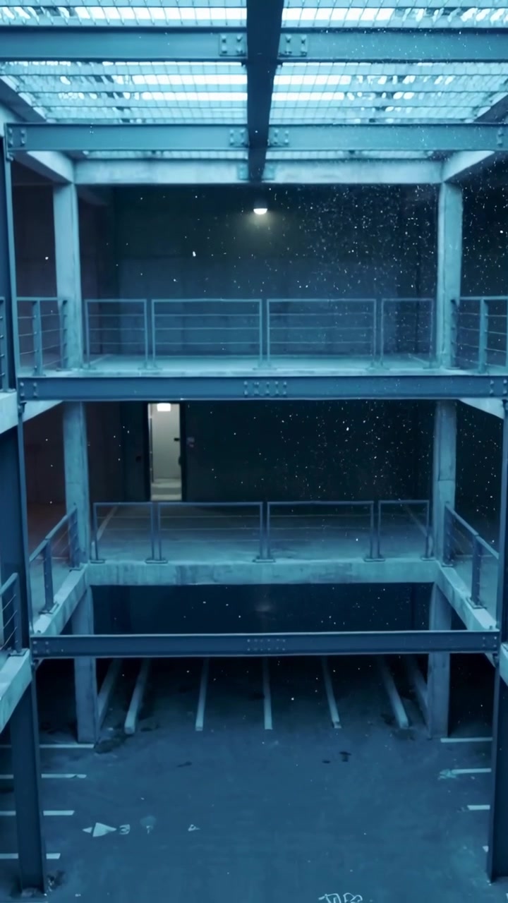 Vertical video: Showing particles entering skylight, drifting down central shaft past lit door