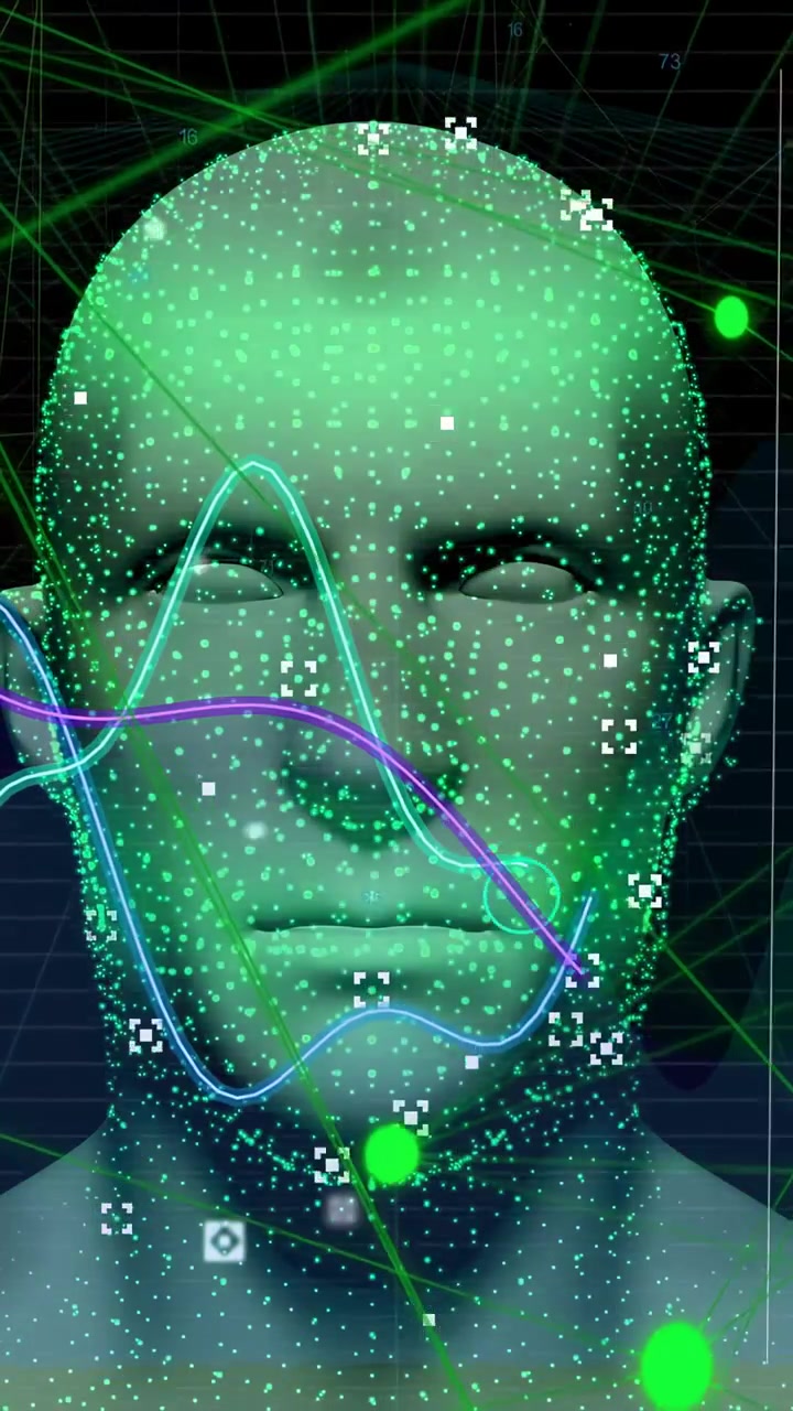 Video verticale: Punto verde che avvia la scansione di una testa 3D che forma una nuvola di punti, con sfere che orbitano su onde che mappano dati.