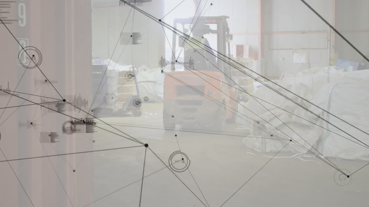 animación de la red de conexiones y procesamiento de datos sobre el almacén con carretilla elevadora