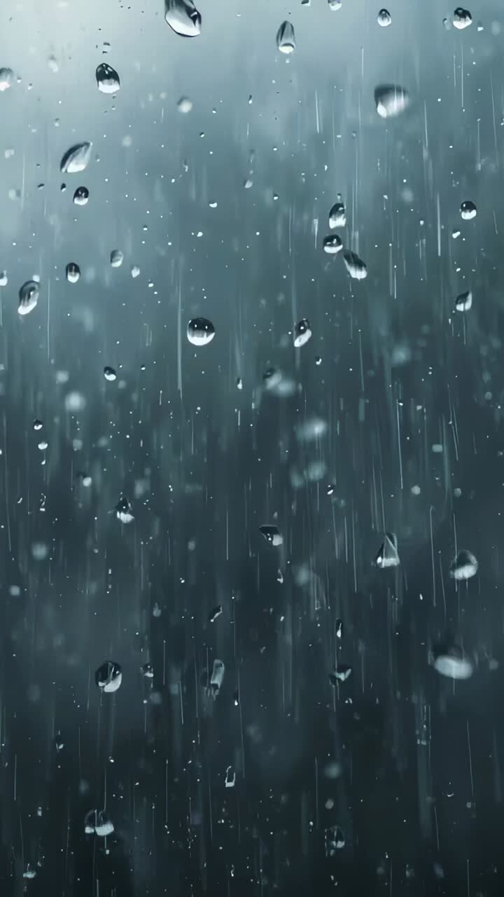 Vídeo vertical: lluvia que cae sobre un cristal, formando gotas que se unen en franjas verticales