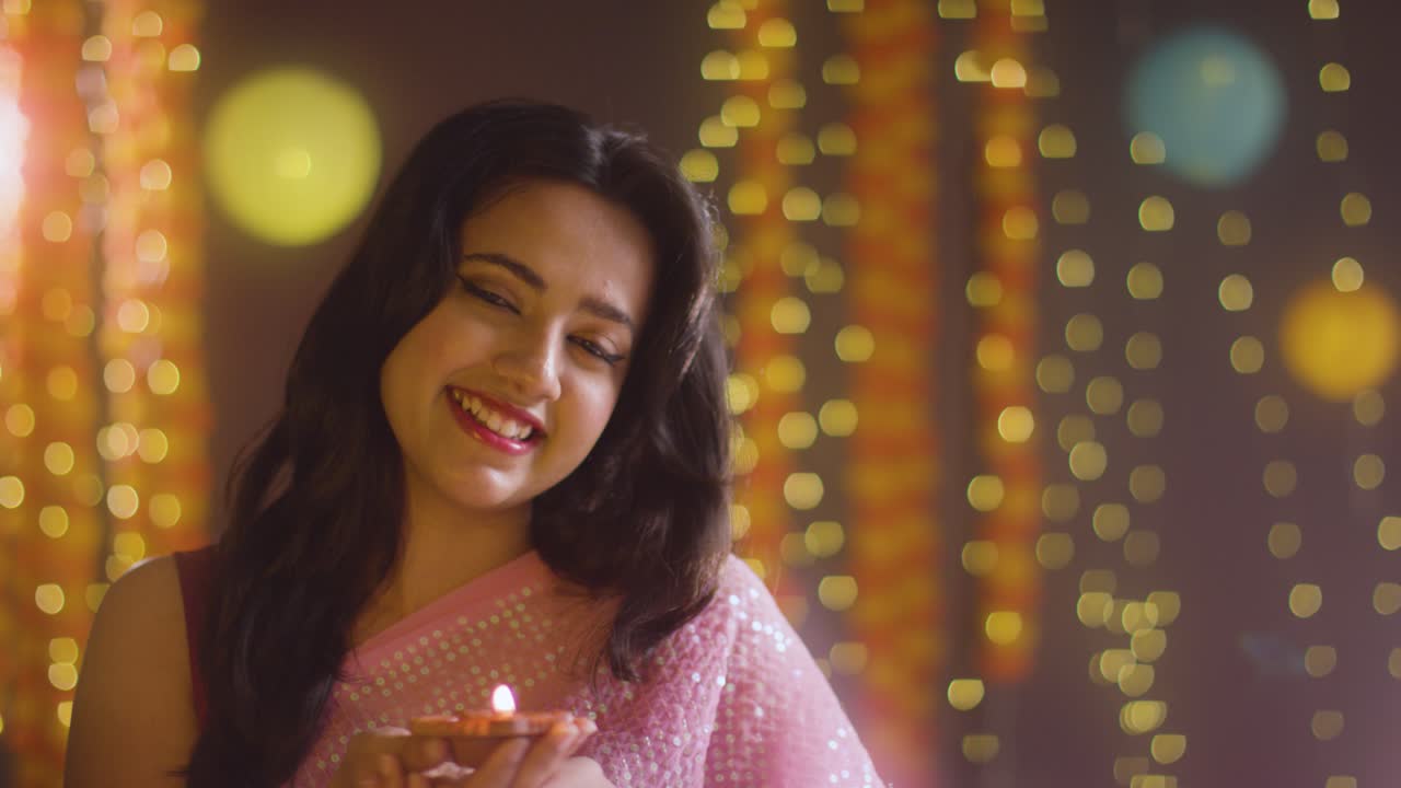 retrato de uma mulher comemorando o festival de diwali segurando uma lâmpada a óleo diya acesa