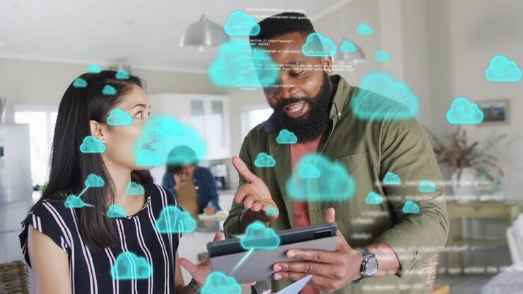 Consulting tablet and docs, woman, man animating turquoise cloud and code around pair for planning
