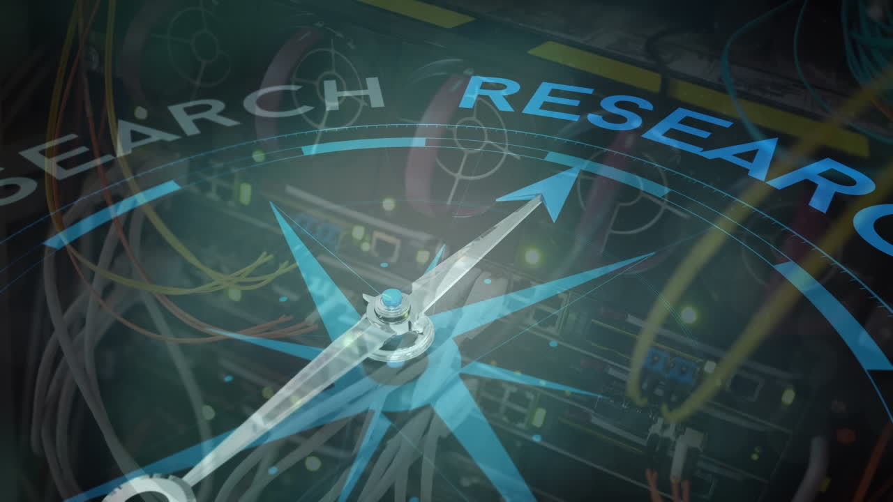 컴퓨터 서버에서 나침반이 회전하는 애니메이션