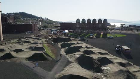 Pump-Track-Cycling-Recreational-Park-In-Kulshan-Beer-Garden-In-Bellingham-Washington---aerial-shot