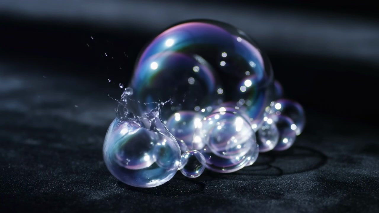 Un gruppo di bolle lucide e trasparenti poggia su uno sfondo scuro e texturizzato, con un'illuminazione soffusa e suggestiva, sottili riflessi iridescenti e una bolla più grande che sale