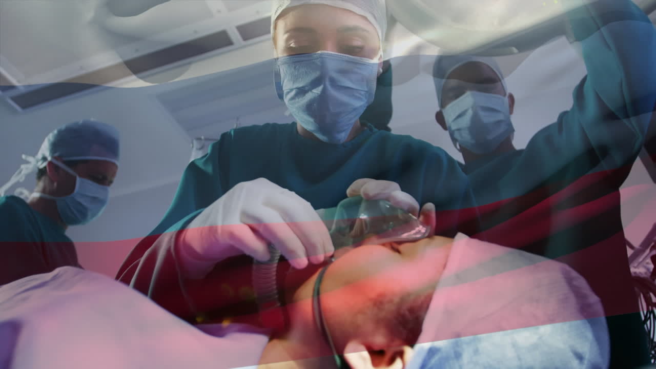 수술실에서 외과 의사 들 위 에 흔들리는 러시아 국기 의 애니메이션