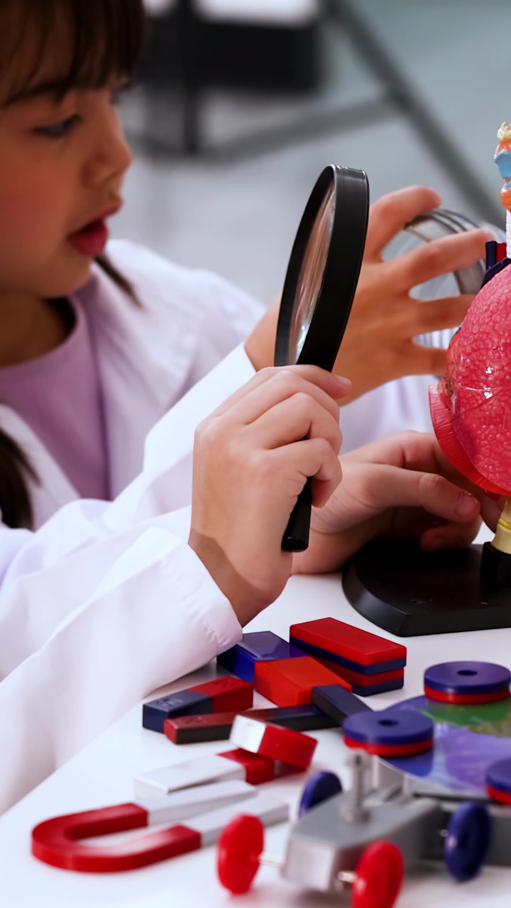 Alunos do ensino fundamental com jalecos brancos examinam modelos anatômicos e ímãs durante uma aula de biologia.