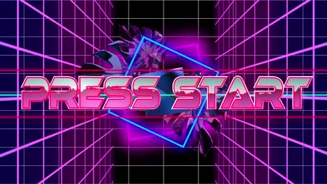 animation of press start text and leaves over neon shapes on black background