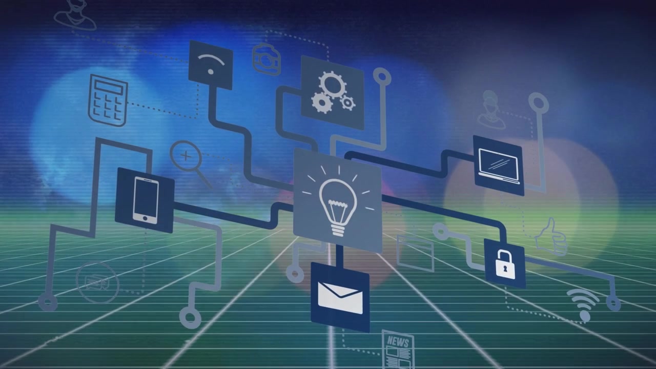 Animation of network of digital icons over green grid network against spots of light