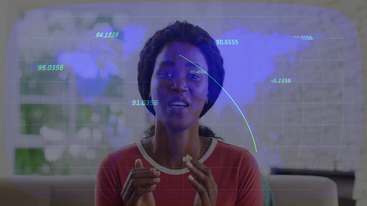 World map and data points animation over woman talking in office