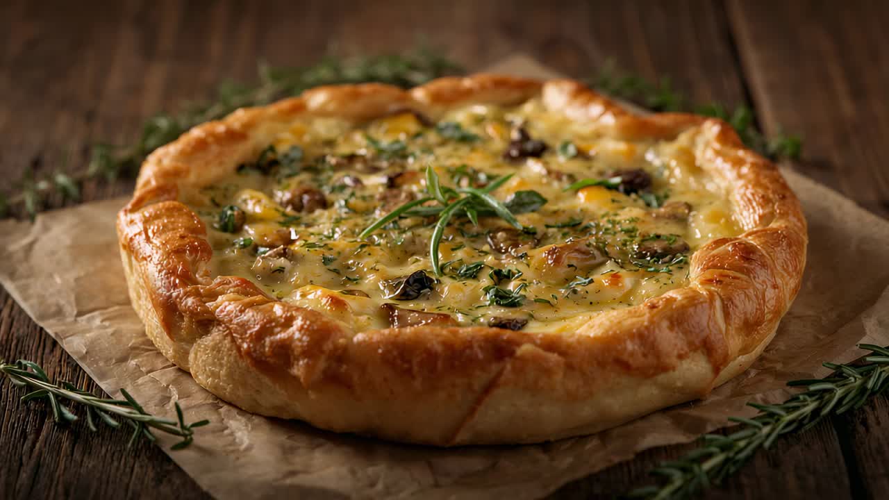 Moving camera revealing savory tart on rustic wooden tabletop, highlighting crust, cheese, rosemary